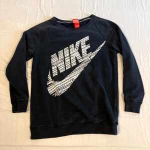 Nike Sweatshirt Womens Small Navy Blue Graphic Print Fleece Lined Swoosh Logo